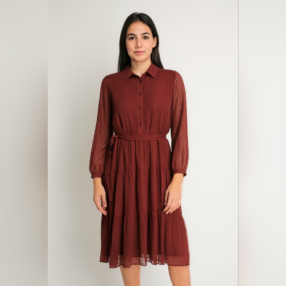 Nanette Lepore Burgundy Swiss Dot Midi Shirt Dress Size 16 – Belted Tiered Long